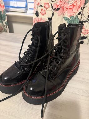 Black Patent Lace-Up Platform Boots with Red Stitching Detail